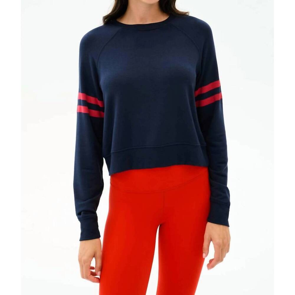 NEW SPLITS59 brooks stripe fleece sweatshirt in indigo/lotus red